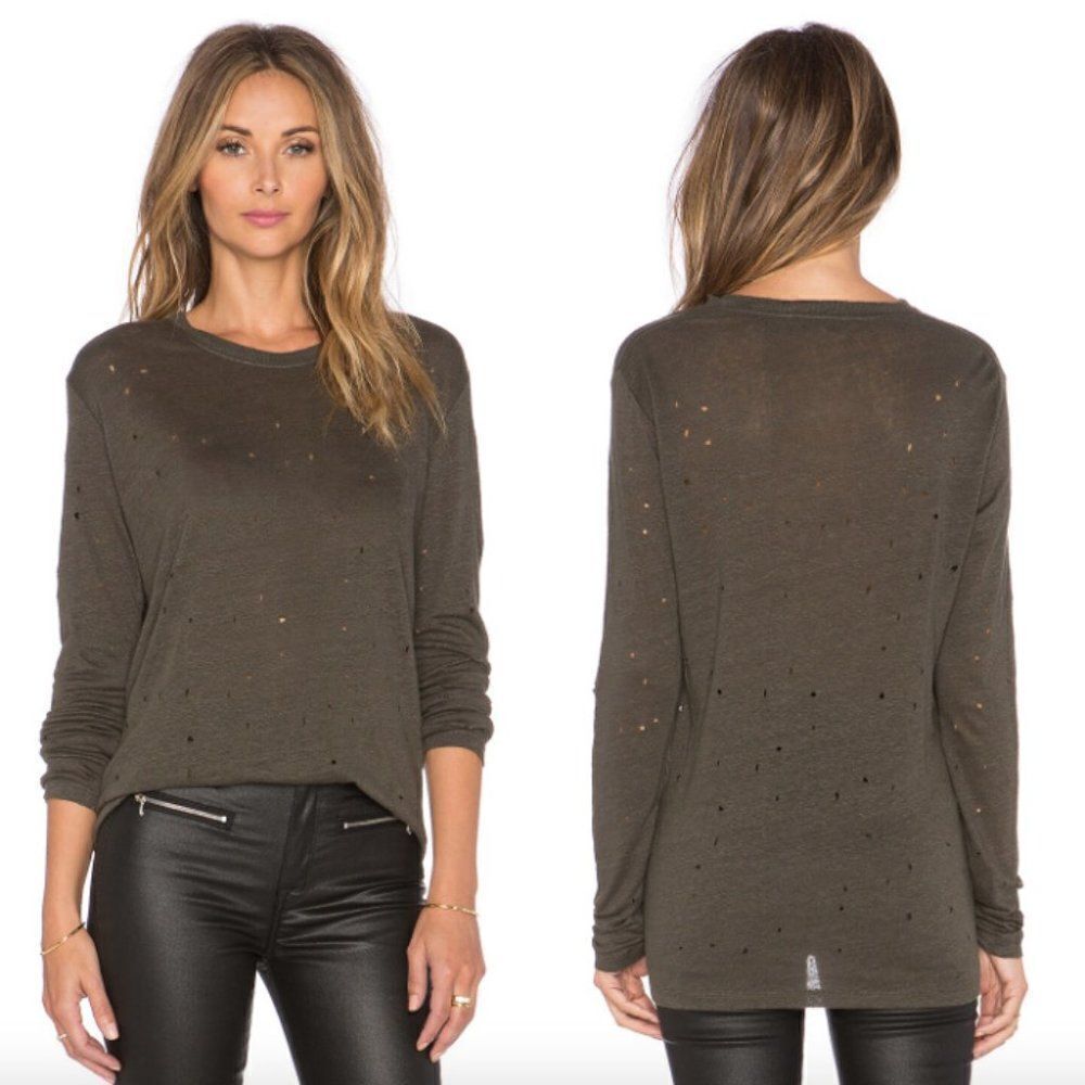 IRO khaki dark green Marvina distressed destroyed linen knit long sleeve top